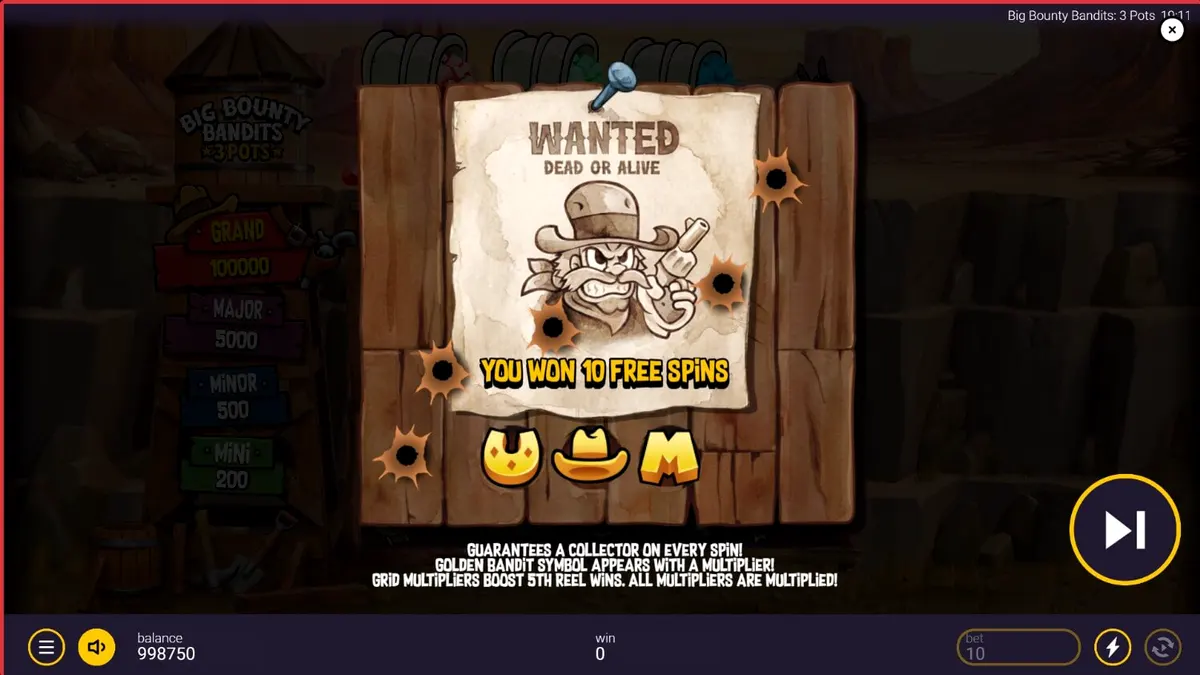 Tampilan visual slot Big Bounty Bandits: 3 Pots dengan gaya animasi rubber-hose.