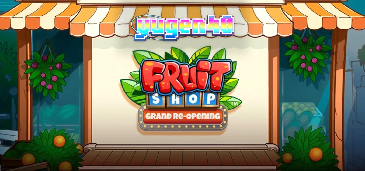 Tampilan visual slot Fruit Shop Grand Re-Opening dengan simbol buah segar dan latar pasar musim panas.